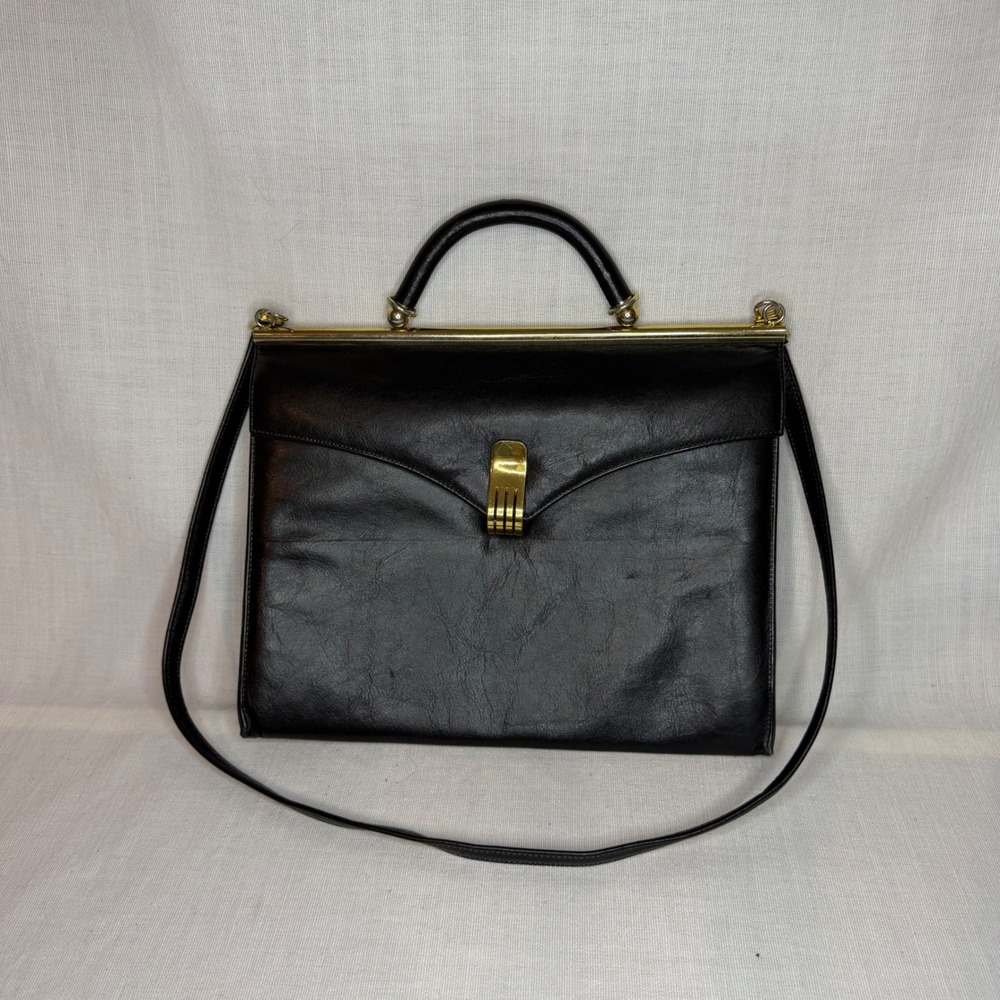 Vintage Black Leather Frame Handbag Gold Hardware Top Handle Shoulder Bag - Picture 3 of 12